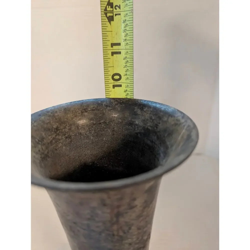 Vintage Antique Brass Trumpet Vase Distressed Etched Verdigris Metal 10" - Picture 10 of 10